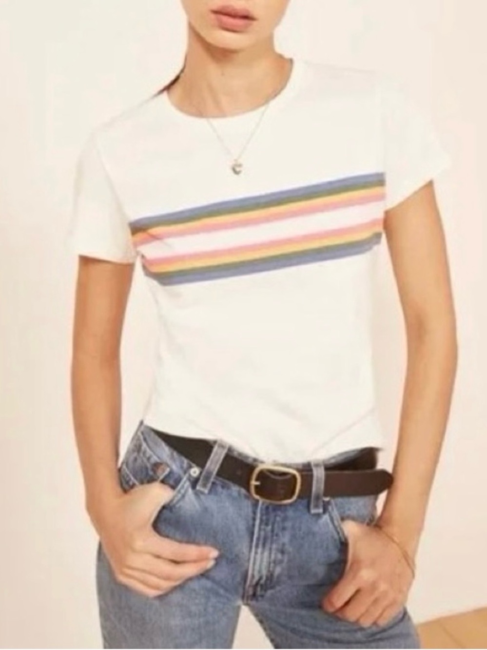 Reformation Women's Retro Rainbow Striped Tee Size XS